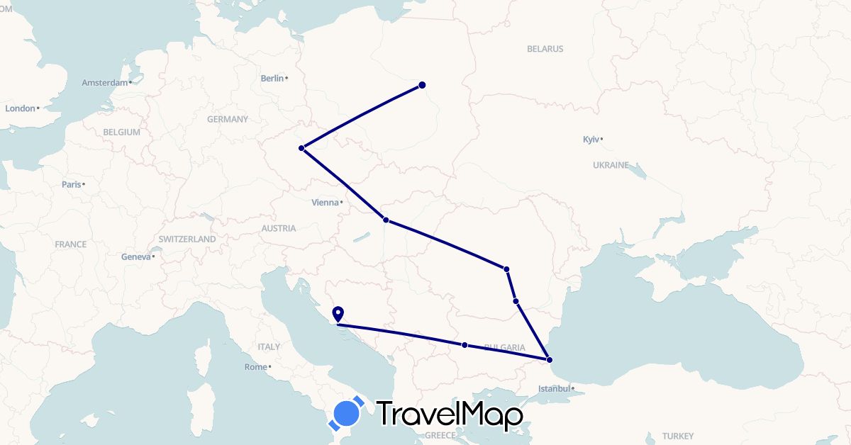 TravelMap itinerary: driving in Bulgaria, Czech Republic, Croatia, Hungary, Poland, Romania (Europe)